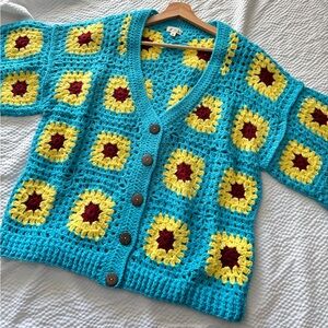 POL Vintage Style Crochet Oversized Balloon Sleeve Sunflower Cardigan